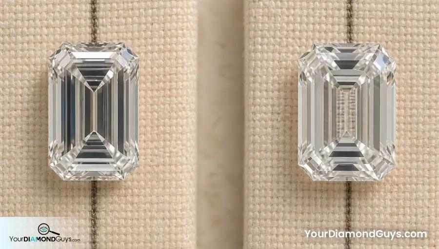 Healthy and windowed emerald cut diamonds tested over woven linen threads