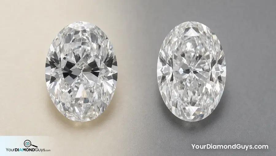 Two oval diamonds showing broad and narrow central bow tie contrast