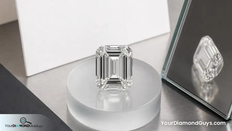 Emerald cut diamond on a neutral light inspection station with side mirror