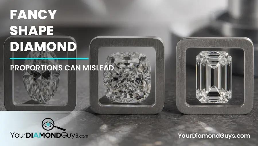 Fancy shape diamonds behind identical blank proportion frames showing very different light performance