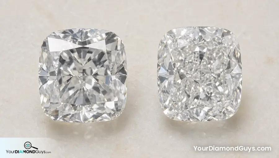 Two cushion diamonds with chunky and crushed ice facet patterns