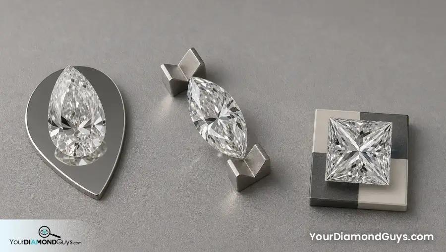 Pear marquise and princess diamonds on shape specific inspection supports