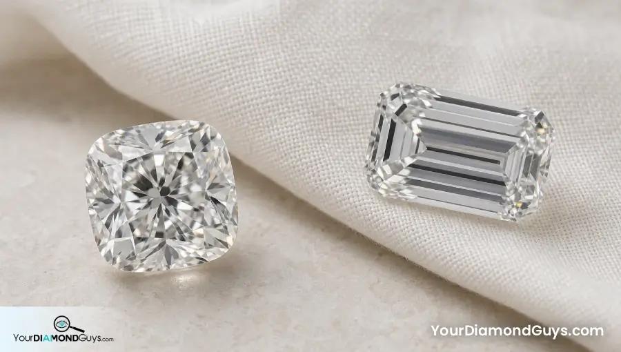 Loose cushion and emerald cut diamonds showing mixed brilliant faceting and broad step cut mirrors under the same light