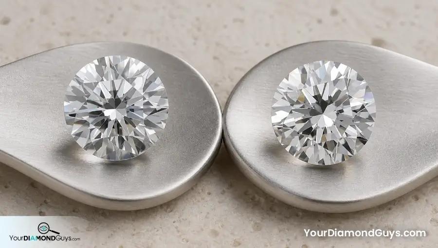 Two bright round brilliant diamonds showing orderly arrow contrast and a looser fire pattern under the same light