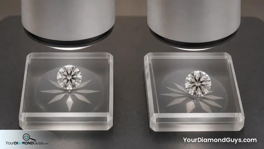 Level and tilted round diamonds beneath macro lenses showing how capture alignment changes the reflected pattern