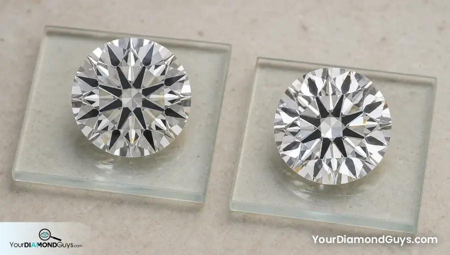 Two crown up round brilliant diamonds showing centered eight sector arrow contrast on glass inspection tiles