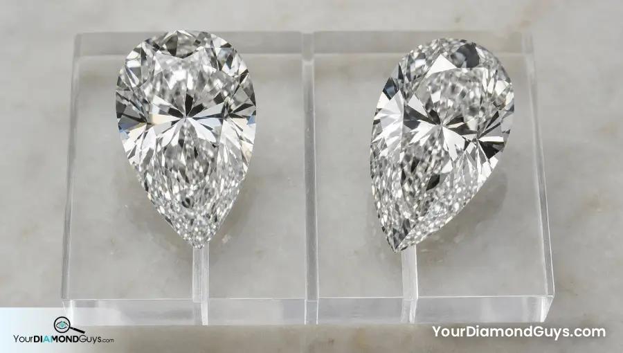 Two pear diamonds with similar proportions compared against blank centerline grooves for shoulder and tip alignment