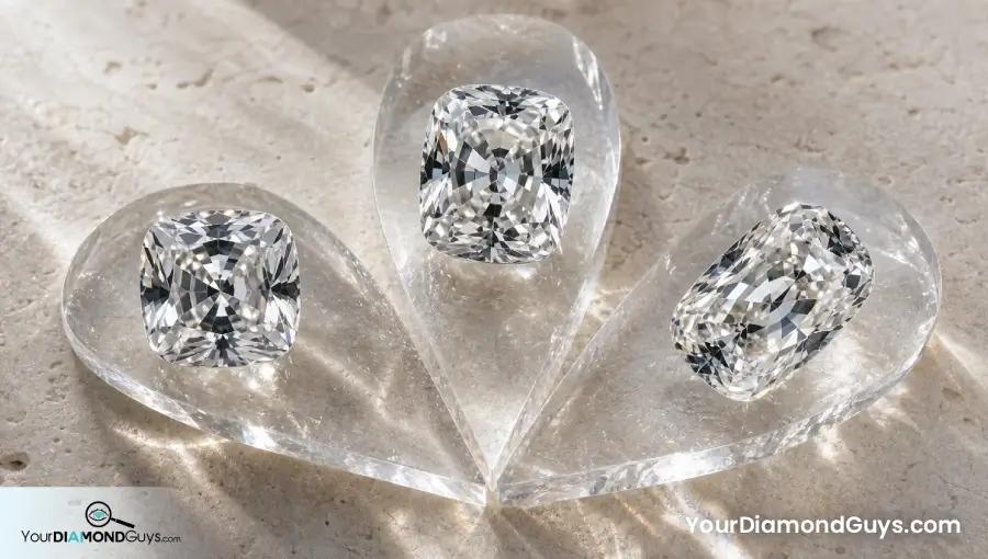 Three cushion diamonds arranged in a fan from square to softly rectangular and elongated outlines