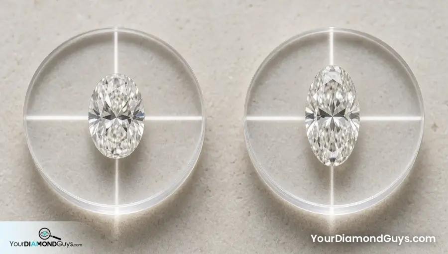 Two vertically aligned oval diamonds of equal carat weight on identical optical plinths showing fuller and longer ratios