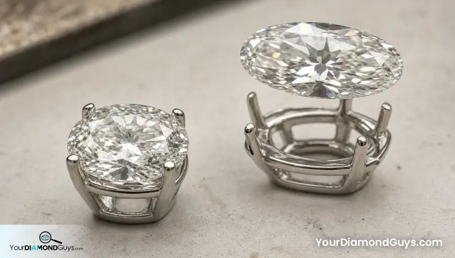 Fuller oval diamond fitted in an unmounted platinum basket beside a longer oval hovering over an incompatible basket