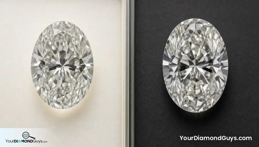 Two oval diamonds under different lighting for outline and facet symmetry comparison