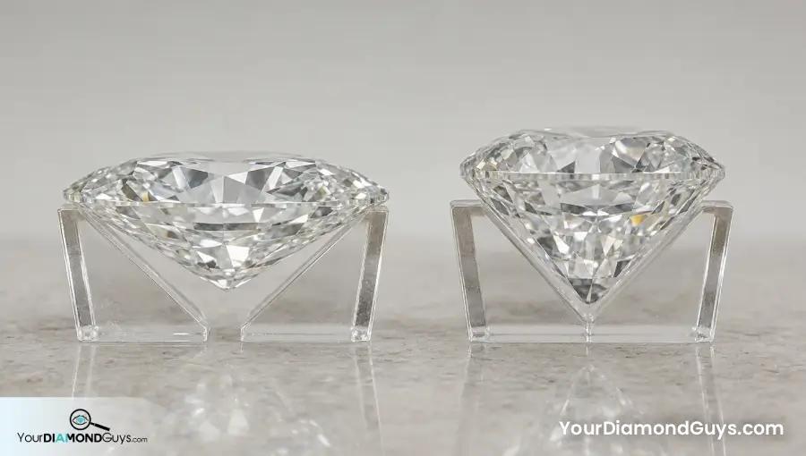 Shallow and deep oval diamond side profiles compared in clear cradles
