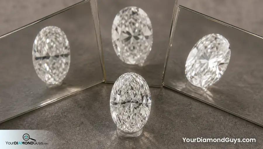 Oval diamond reflected at different viewing angles to test bow tie movement