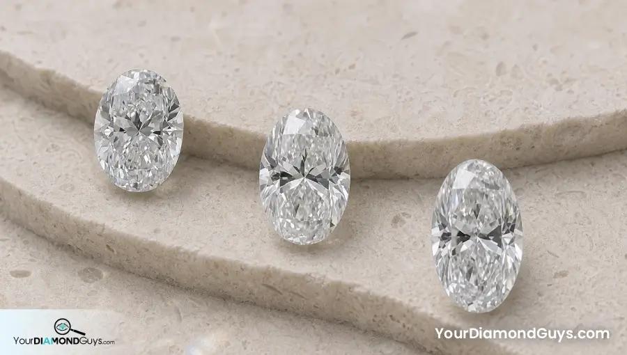 Three oval diamonds progressing from short to elongated proportions