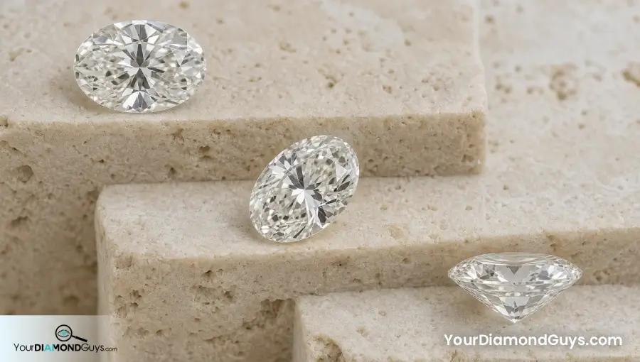 Matching oval diamond shown face up, at three quarter rotation, and in side profile on travertine ledges