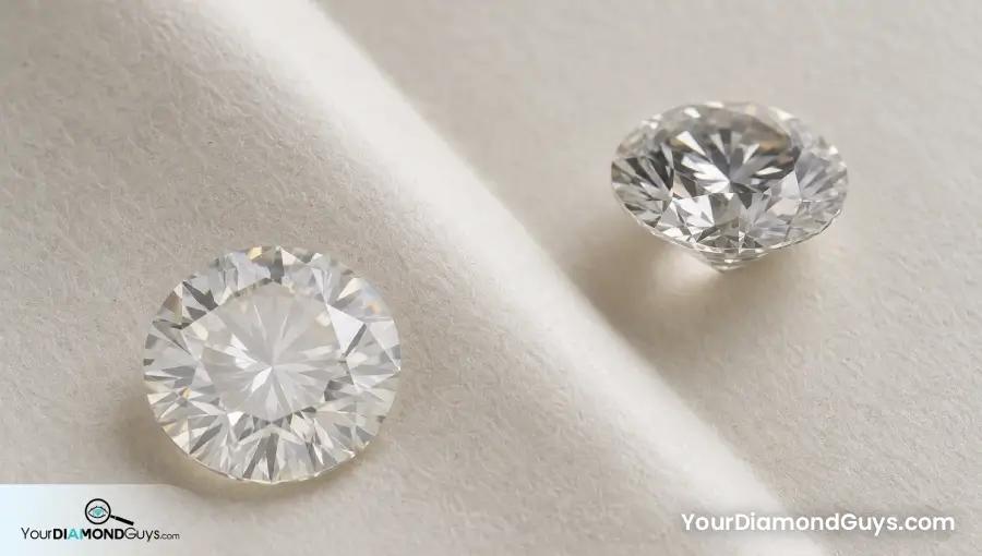 Shallow round diamond with a pale center beside a steeper round diamond with darker central obstruction