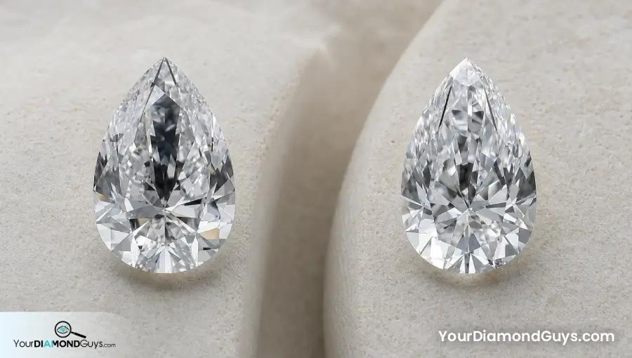 Two pear diamonds comparing persistent bow tie contrast and tip brightness