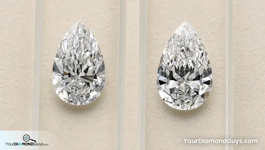 Balanced and uneven pear diamond outlines compared in straight alignment channels