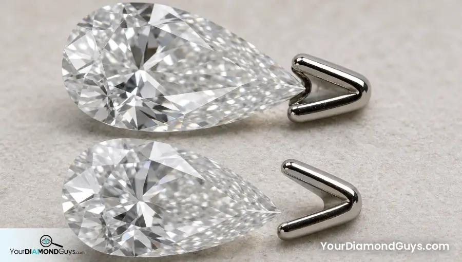 Pear diamond tips compared with isolated platinum V prong protectors