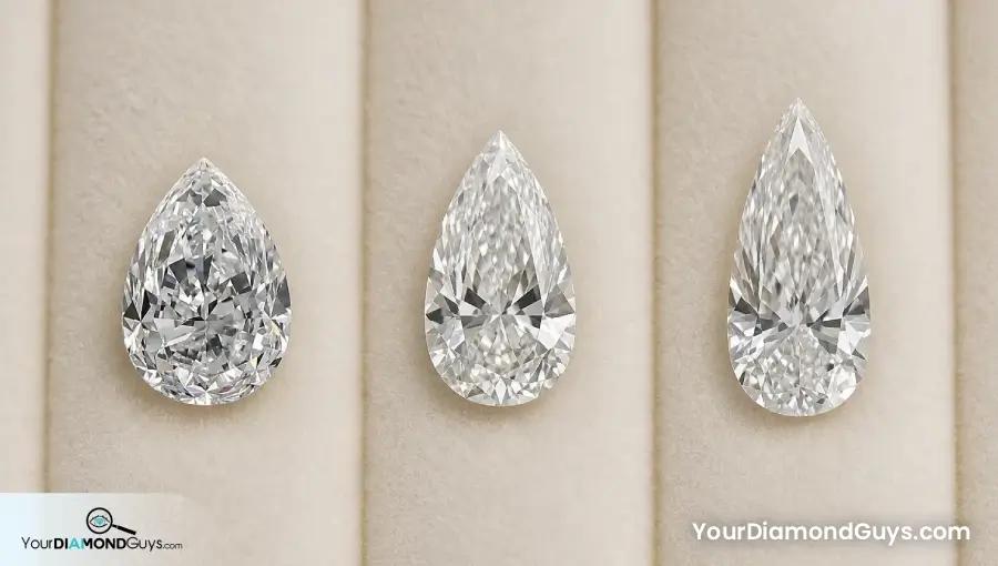 Three one carat pear diamonds progressing from full to elongated proportions