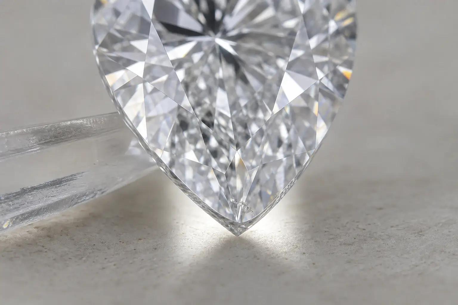 Pear diamond tip with a thin girdle and localized structural inclusion under macro inspection