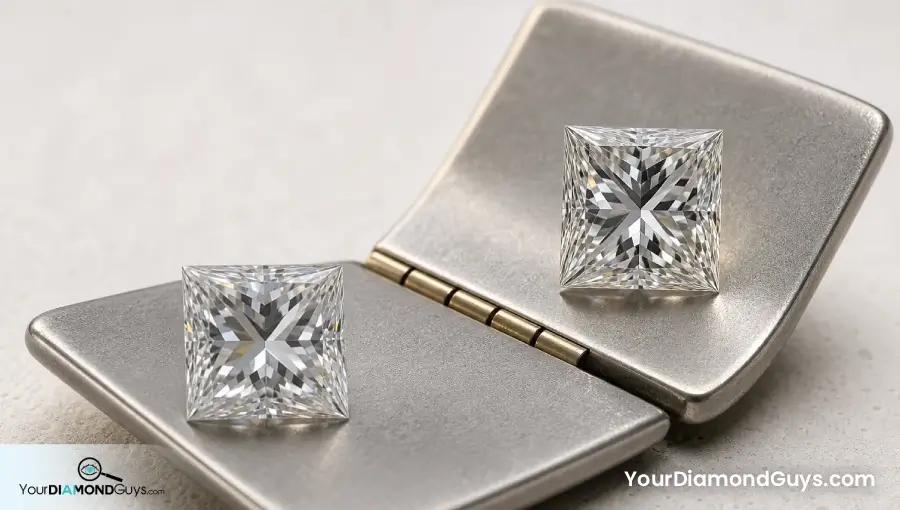 Two princess cut diamonds showing broad and fine chevron reflections under the same light