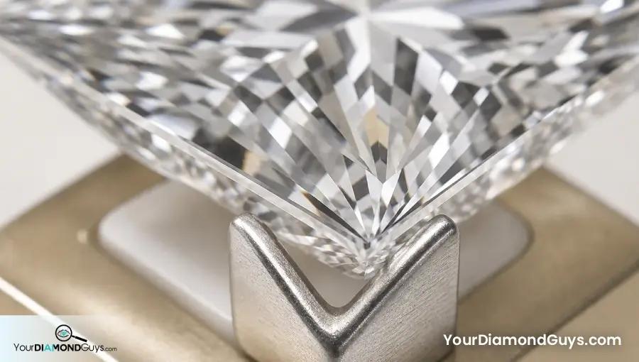 Sharp princess cut corner seated in a protective platinum V prong with chevron facets visible