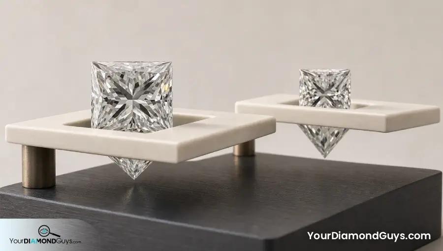 Two one carat princess cut diamonds showing broad and deep pavilion profiles through open cantilever slots