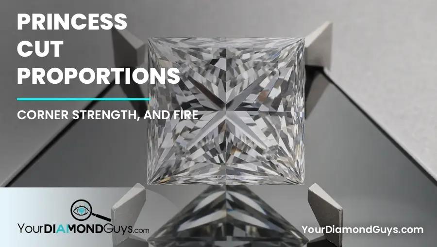 Princess cut diamond suspended above four protective corner supports with chevron fire visible