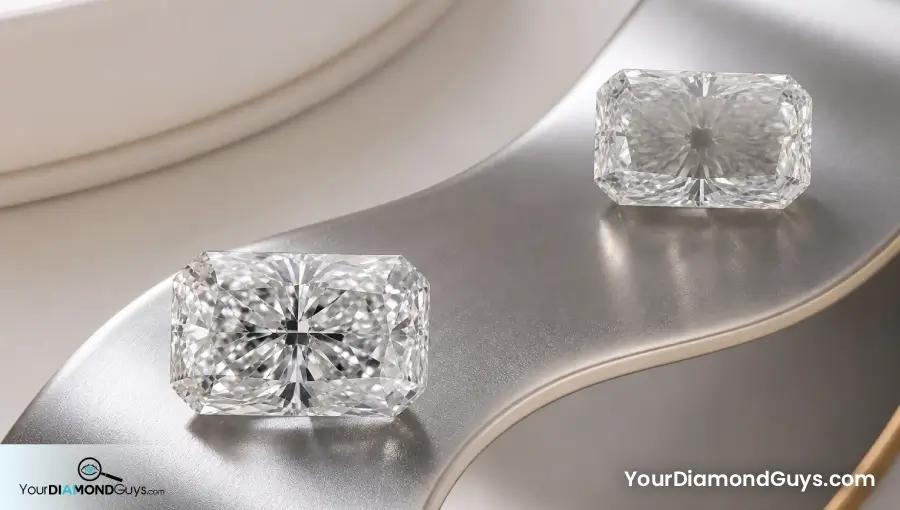 Crisp radiant diamond beside a radiant with low contrast gray texture under diffused light