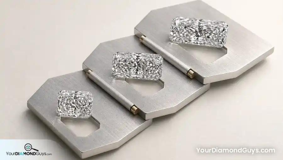 Square, short rectangular, and elongated radiant diamonds on an inspection rail
