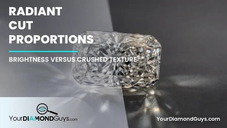 Elongated radiant cut diamond under a split lighting test showing bright return and crushed texture