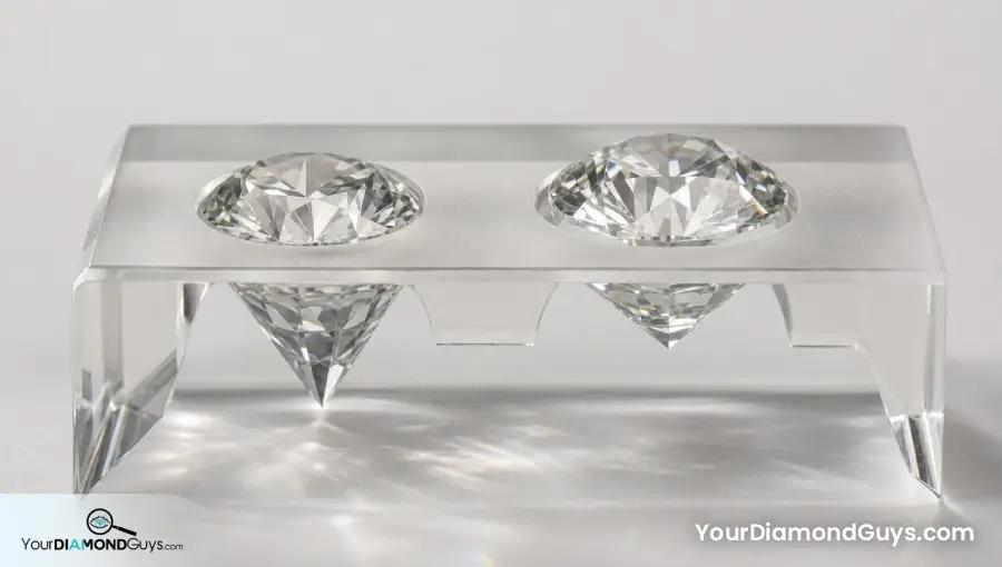Two round diamonds in a transparent cutaway plinth showing a smaller face up stone with deeper hidden weight beside a wider shallower stone