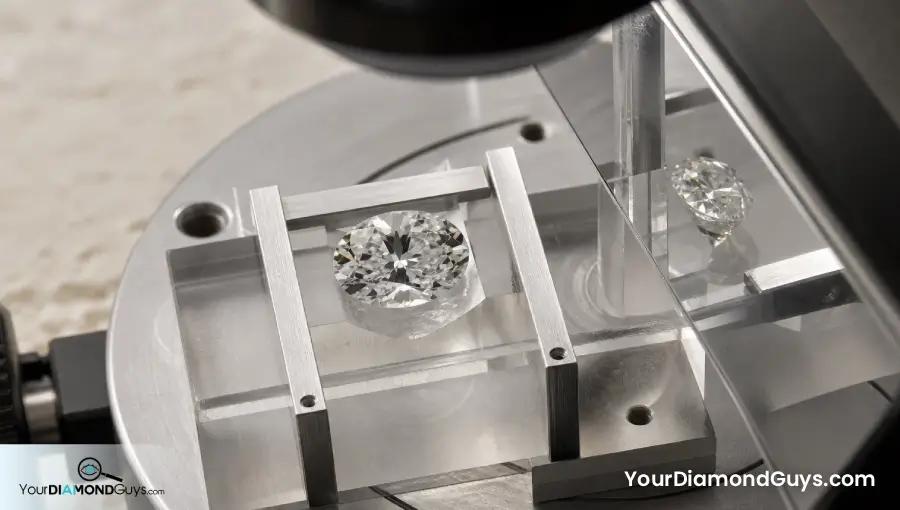 Loose oval diamond on an optical measuring stage with horizontal gauge rails and a reflected side profile showing depth