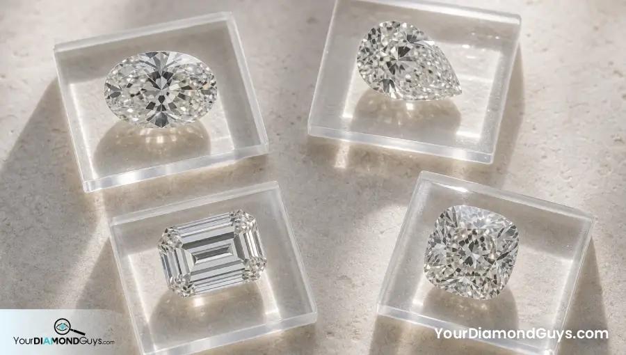 Oval pear emerald cut and cushion diamonds on separate clear optical tiles showing different face up footprints