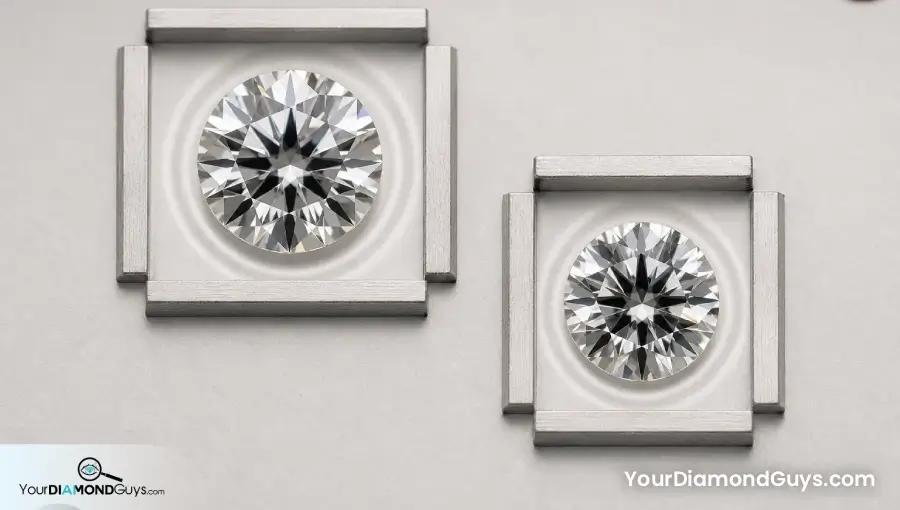 Two loose round diamonds inside identical blank two-axis measuring gates for comparing face up diameter