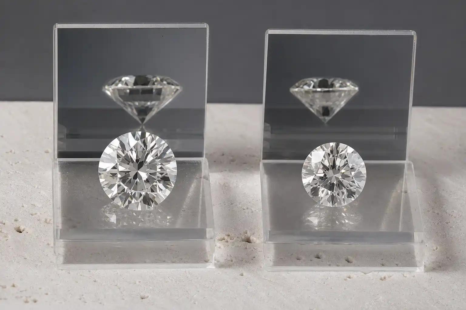 Two one carat round diamonds with different face up diameters and reflected pavilion depths
