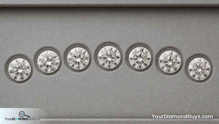 Seven similar one carat round diamonds grouped for a fair face up spread comparison
