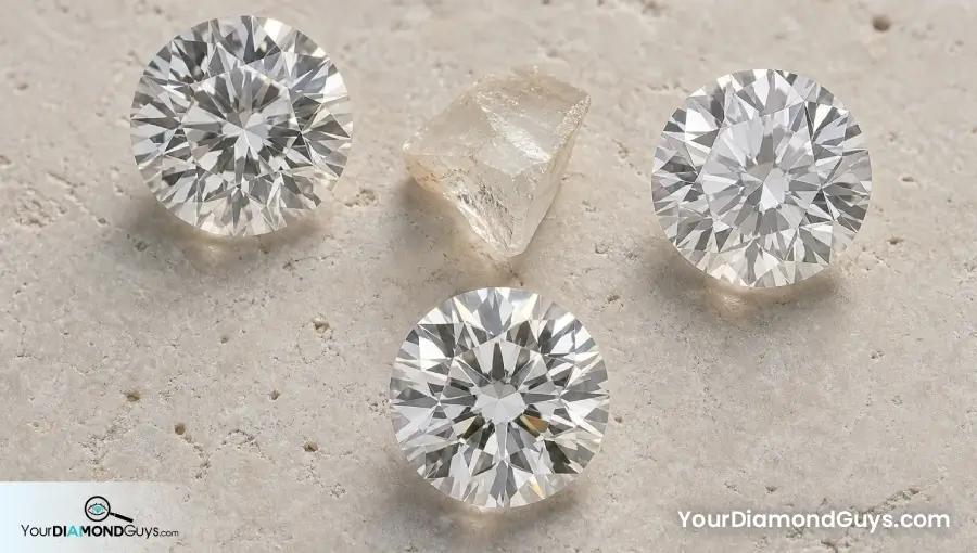 Three round brilliant diamonds with similar outside diameters and subtly different central table facet sizes
