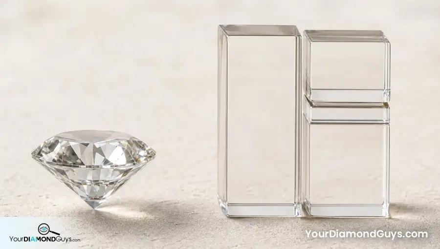 Round diamond beside one quartz height block and three nearly equal stacked component blocks