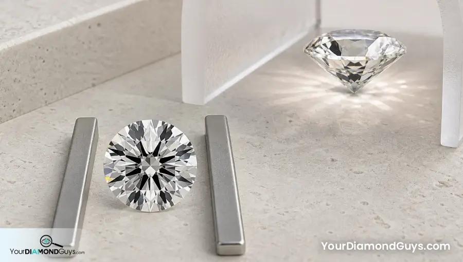 Face up round diamond between spread stops with a matching side profile diamond inside a light tunnel