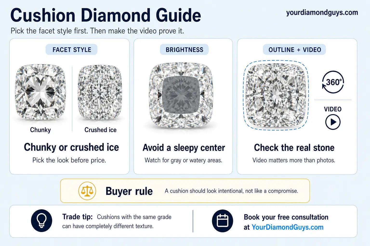 cushion diamond guide infographic showing facet style, brightness, outline, and video checks for a cushion diamond