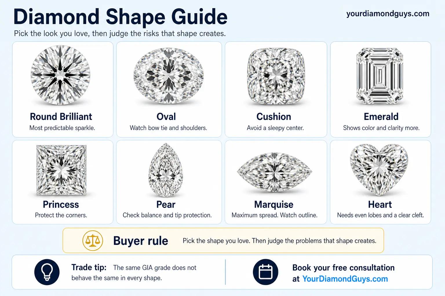 diamond shape guide infographic showing round, oval, cushion, emerald, princess, pear, marquise, and heart diamond shapes