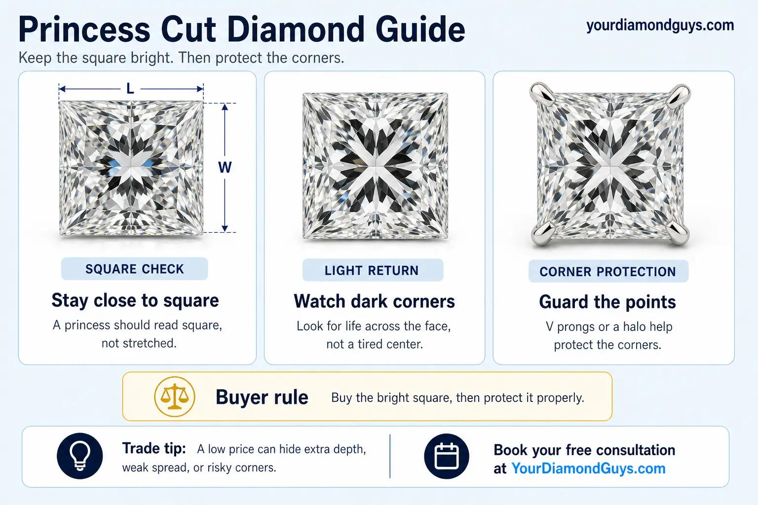 princess cut diamond guide infographic showing square ratio, light return, dark corner checks, and corner protection