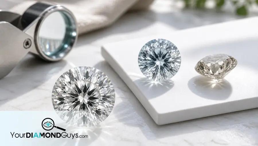 Natural macro photo of lab diamonds showing a neutral white stone, cool blue nuance, and warmer color tint during inspection.
