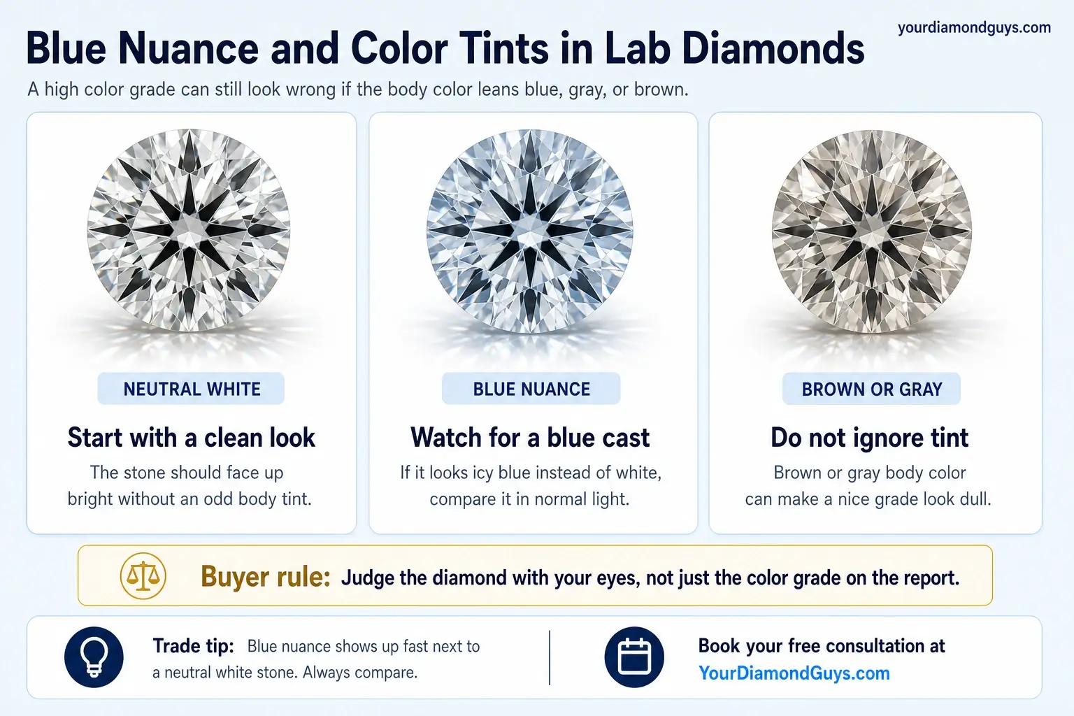 Blue nuance and color tint in lab diamonds infographic