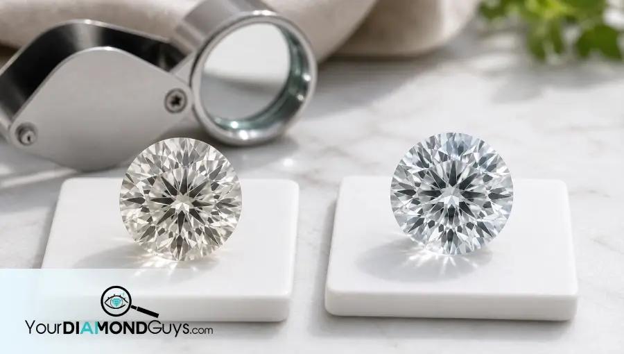 Natural macro comparison photo of two lab diamonds showing subtle warm gray and cool blue nuance under inspection light