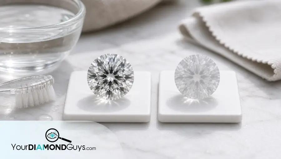 Natural macro photo comparing a crisp cleaned lab diamond with a softly hazy lab diamond beside jewelry cleaning tools.