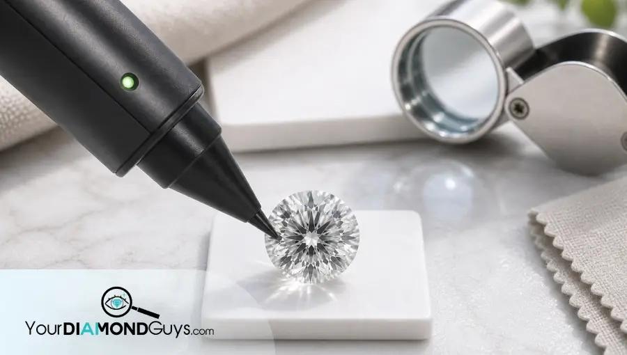 Natural macro photo of a loose lab diamond being checked with an unbranded diamond tester and loupe.