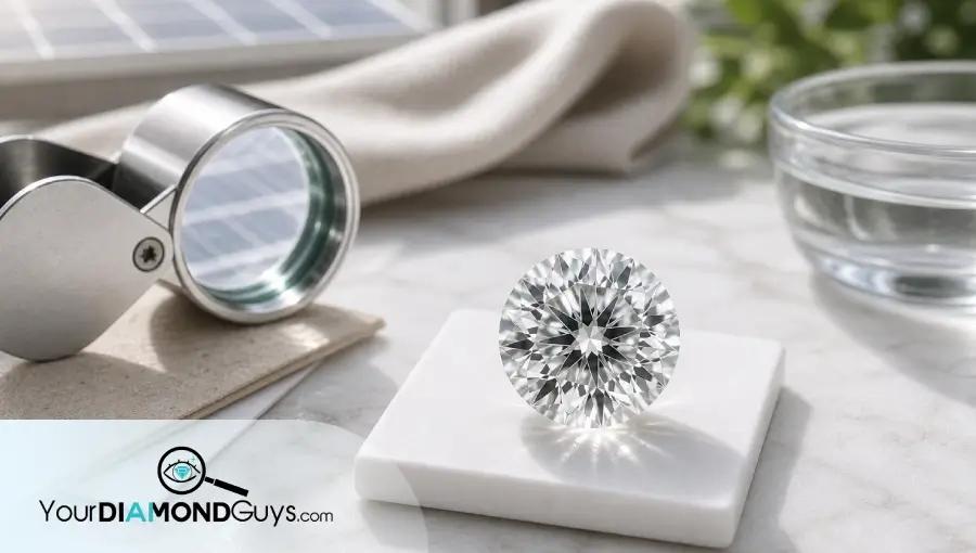 Natural macro photo of a lab diamond beside a loupe, blank proof cards, greenery, and subtle solar reflection cues.